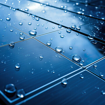 Close-up macro shot of solar panel with solar cells and water droplets. Photovoltaic technology for sustainability, renewable and clean energy, and a sustainable planet, leading the energy transition