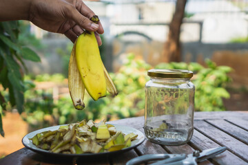 chopped banana peel on a white plate with a scissor and a hand holding a banana peel, process of...
