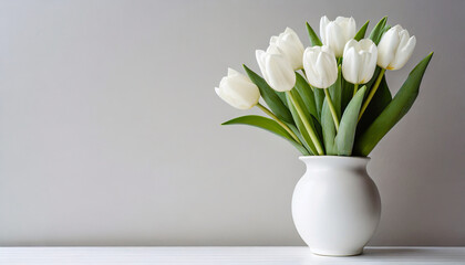White tulips in a white vase, with a white background