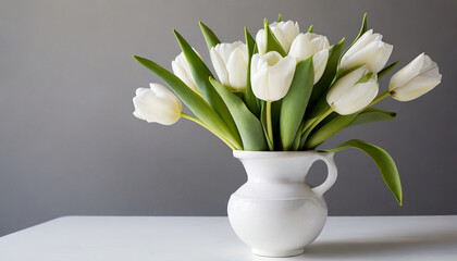 White tulips in a white vase, with a white background