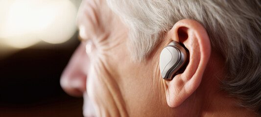 Hearing aids for seniors, aid, technology, or healthcare or medical device consultation for deaf patients with tinnitus. Listening, testing, and exam ear tech with a senior male in the clinic - obrazy, fototapety, plakaty