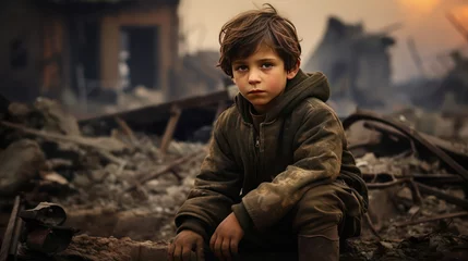 Foto op Aluminium Little  boy sitting sad face on the building ruins after war or disaster. Generative AI © Farid