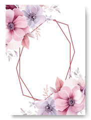 Corner of pink azalea flower arrangement on wedding invitation background.