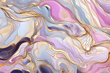 Pastel coloured hand painted alcohol ink design with glittery gold elements. Generative AI