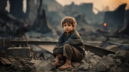 Little  boy sitting sad face on the building ruins after war or disaster. Generative AI - obrazy, fototapety, plakaty