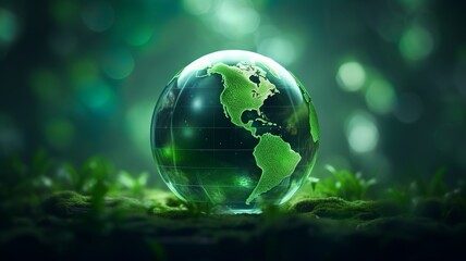Obraz premium Earth glass globe on green background. Generative AI