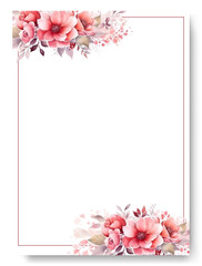 Corner of pink peony flower arrangement on wedding invitation background.