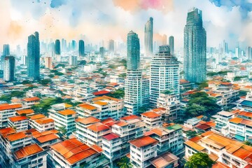 The landscape of tall buildings in Bangkok transformed into a watercolor-style illustration