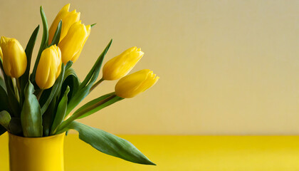 Yellow tulips in a yellow vase, with a yellow background