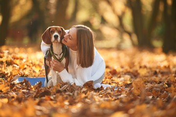 Sitting, calm, resting. Woman is with her cute dog in the autumn forest