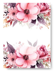Arrangement of blush pink azalea flowers and leaves at corner frame hand painting on wedding invitation card