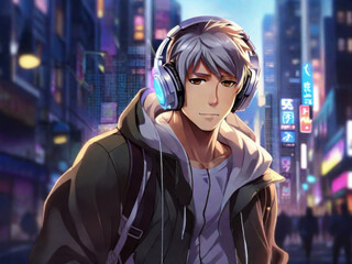 Anime male character wearing headphones surrounded by the city. Concept Listening to music on audio media. Portable all-in-one music audio device