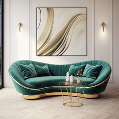 Elegancka szmaragdowa sofa - obrazy, fototapety, plakaty