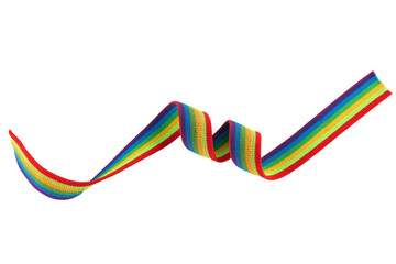Colorful rainbow ribbon closeup isolated on white background. Colorful LGBT design. Curly,...