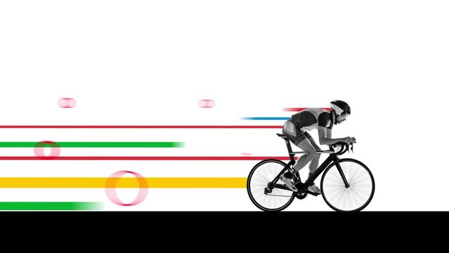 Man, cyclist training, riding bicycle on white background with abstract design elements. Stop motion, animation. Concept of professional sport, creativity, healthy and active lifestyle. Betting