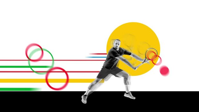Concentrated man, tennis player in motion, training on white background with abstract design element. Stop motion, animation. Concept of professional sport, creativity, active lifestyle. Betting