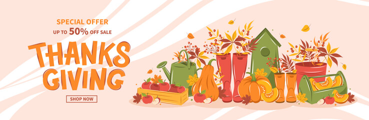 Obraz na płótnie Canvas Thanksgiving sale banner, seasonal promo offer discount poster for autumnal shopping. Pumpkin harvest, fruits, leaves, berries. Vector illustration