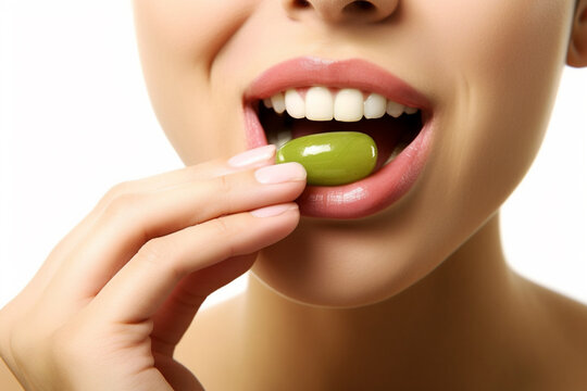 A Woman's Lips Savor the Subtle Richness of a Succulent Olive Delicacy AI generated