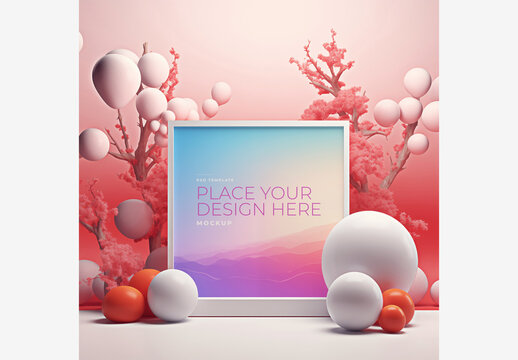 Colorful Frame Mockup Template with Pink Background, Balloons, Tree, Flowers, Sky, Clouds, and White Balls for Stock Images