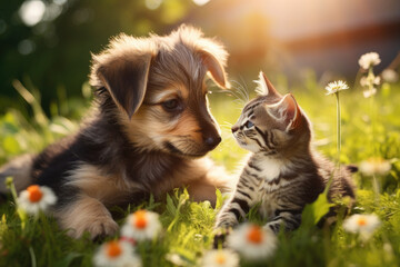 A cute couple of furry friends little cat and a mischievous little dog, are playing together in the garden on a beautiful sunny day, Friendship of pet concept. - Powered by Adobe