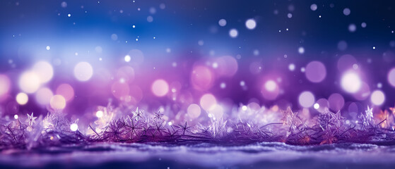 Fototapeta na wymiar Purple christmas background with bokeh and snowflakes. Frozen winter forest with snow and ice crystals. 3d rendering. 