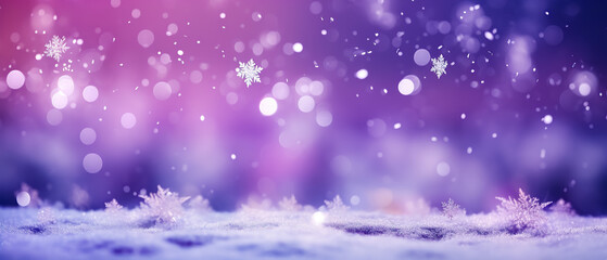 Fototapeta na wymiar Purple christmas background with bokeh and snowflakes. Frozen winter forest with snow and ice crystals. 3d rendering. 