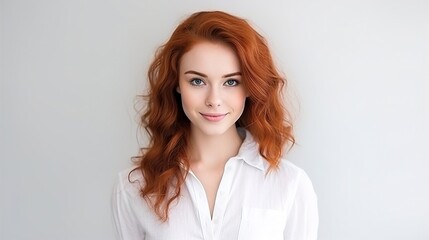 Portrait of a young woman with red hair looking into the camera. Natural nude everyday makeup, clean facial skin cosmetic care.
