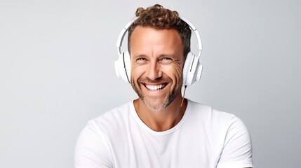 Listening to music is a smile portrait of a man with headphones, a handsome young businessman in a shirt, in a photo studio on a clean white background. - obrazy, fototapety, plakaty