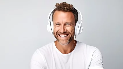 Poster Listening to music is a smile portrait of a man with headphones, a handsome young businessman in a shirt, in a photo studio on a clean white background. © muse studio