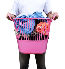 Man hold pink laundry basket with colorful clothes