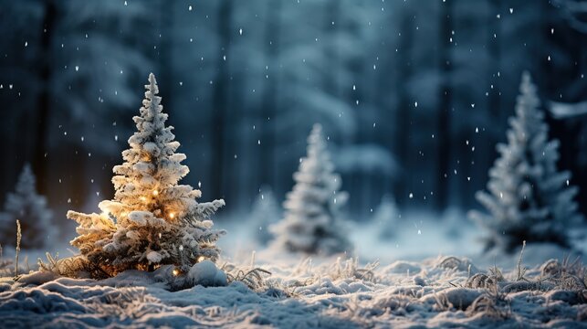 Fototapeta A young little Christmas tree in the forest in winter with a garland glowing, space to copy.