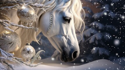 A majestic horse nuzzles a sparkling Christmas ornament, its warm breath creating frosty patterns on the decoration. - obrazy, fototapety, plakaty