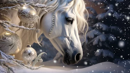 Foto op Canvas A majestic horse nuzzles a sparkling Christmas ornament, its warm breath creating frosty patterns on the decoration. © Fahad