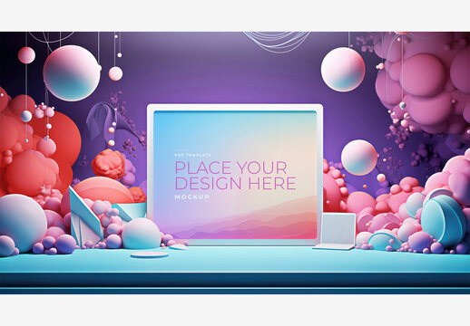 Colorful Frame Mockup Template with Vibrant Background and Bubble Accents - Place Your Design Here Frame Mockup Template Colorful