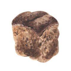 Watercolor illustration. Freshly baked square bread. Hand drawn in watercolor. Clip art. For website design, menus, stickers, cards, logos etc.