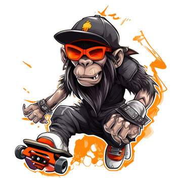 Monkey on a skateboard with sunglasses. Chimpanzee Funky ride skateboard