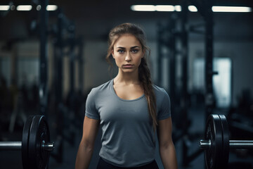 Fototapeta premium serious girl in her 20s lifting weights in an empty room