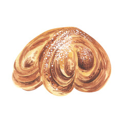 Sweet bun with sugar , freshly baked french homemade roll, puff pastry buns, isolated, hand drawn watercolor illustration on white background.
