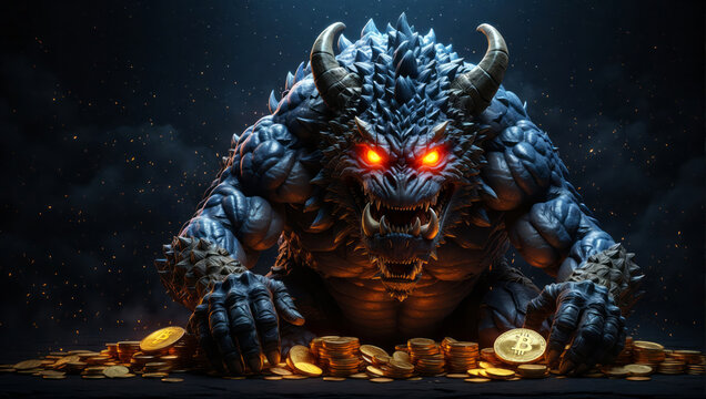 A monster is guarding a pile of Bitcoins.