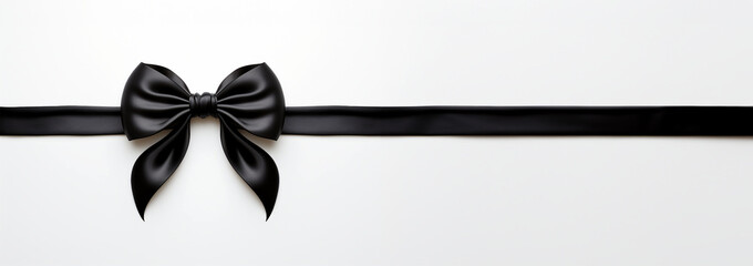 Banner Black bow horizontal ribbon realistic shiny satin for decorate your greeting card or website isolated on white background. Festive,black Friday,birthday concept - obrazy, fototapety, plakaty