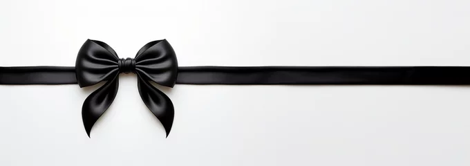 Foto op Aluminium Banner Black bow horizontal ribbon realistic shiny satin for decorate your greeting card or website isolated on white background. Festive,black Friday,birthday concept © annebel146
