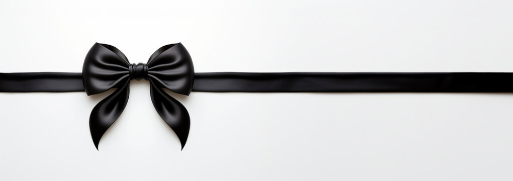Banner Black bow horizontal ribbon realistic shiny satin for decorate your greeting card or website isolated on white background. Festive,black Friday,birthday concept