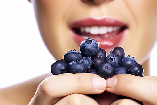 Sensual Delight: Close-Up View of Woman's Lips Enjoying Fresh Blueberries in Summer AI generated