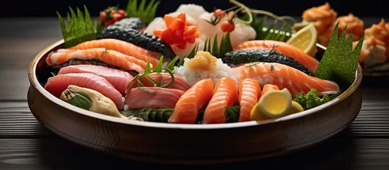 Fotobehang delicious sushi, Asian cuisine dish, sushi on a black background, roll you net on a black background © siti