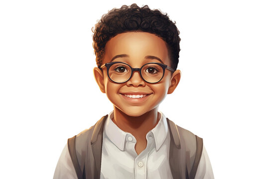 portrait of a happy smiling cute afro american boy in white dress wearing big eyeglasses - no background