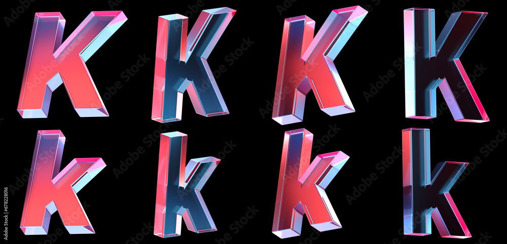 Poster letter k with colorful gradient and glass material. 3d rendering illustration for graphic design, pr
