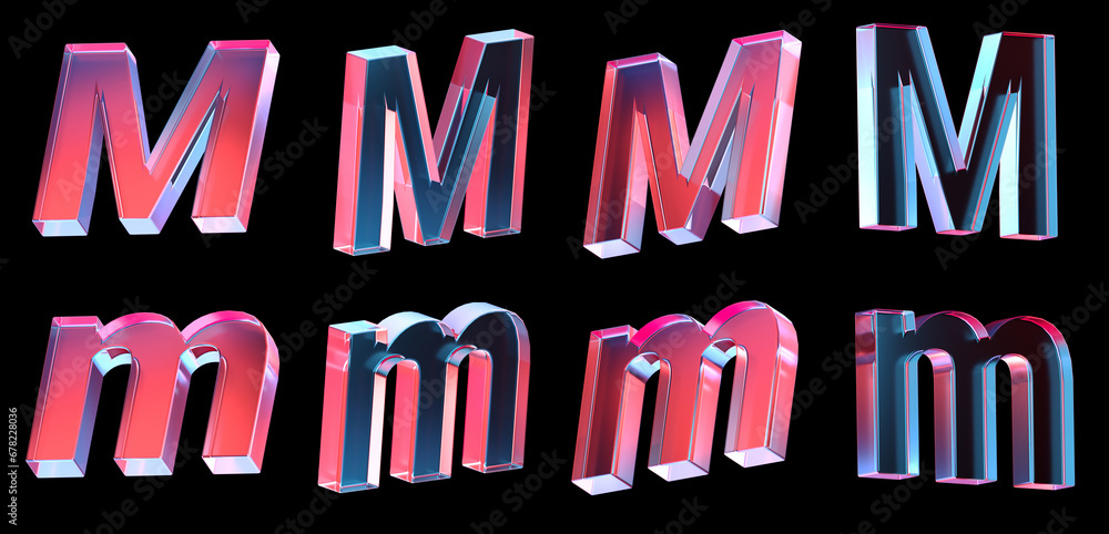 Poster letter m with colorful gradient and glass material. 3d rendering illustration for graphic design, pr