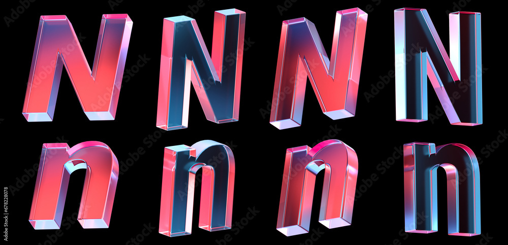 Poster letter n with colorful gradient and glass material. 3d rendering illustration for graphic design, pr