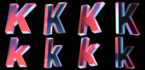 letter K with colorful gradient and glass material. 3d rendering illustration for graphic design, presentation or background