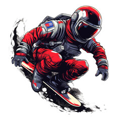 Astronaut rides on skateboard through the space. jump on space, playing skateboard Vintage logo badge